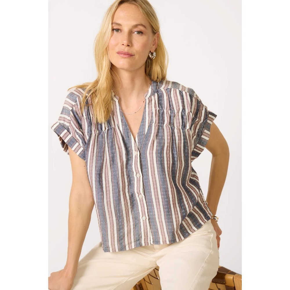 Evereve Blouse Womens Size‎ S Blue Brown Striped Linen Blend Short Sleeve Top
